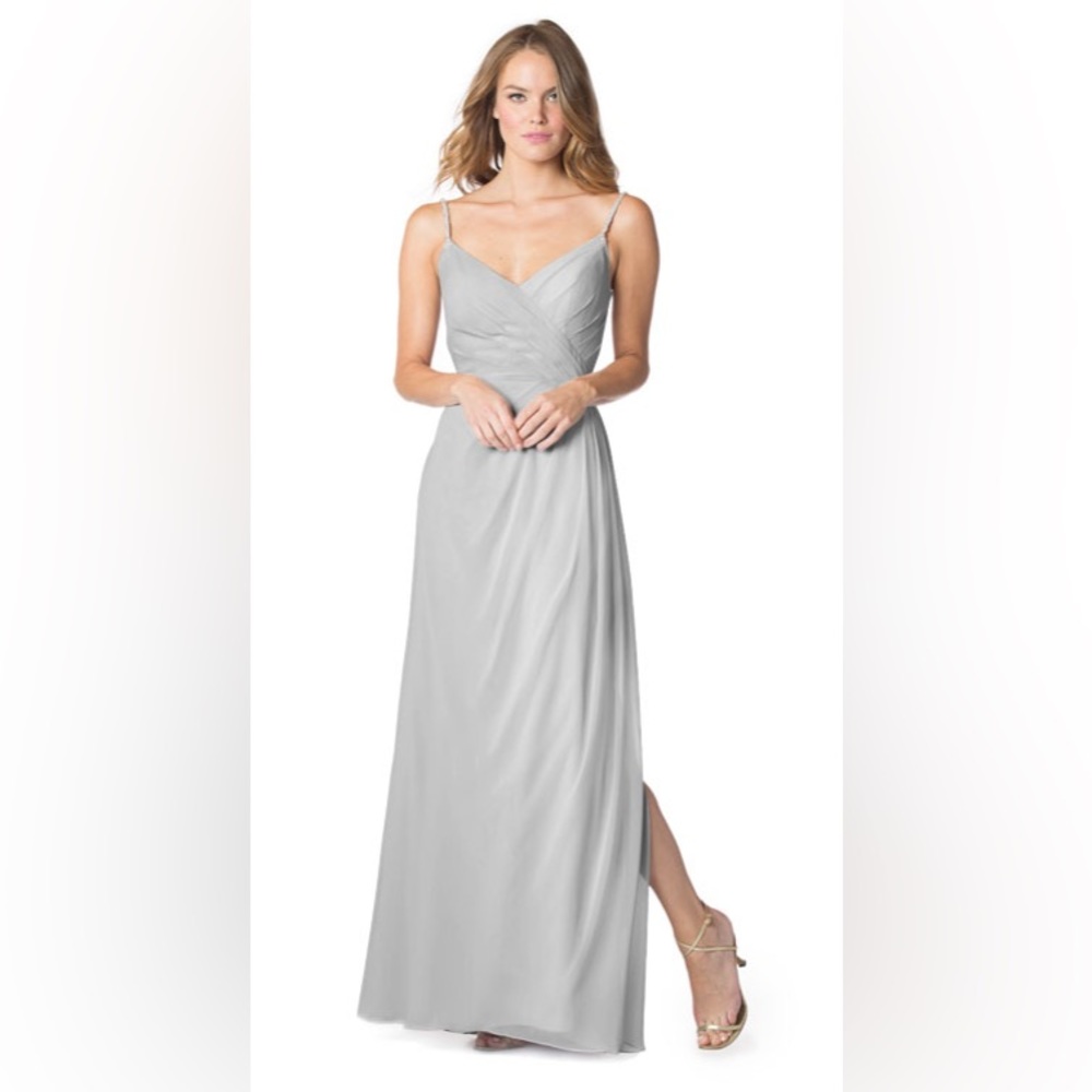 Silver Chiffon ‘Bari Jay’ Bridemaids Dress with Jeweled Straps